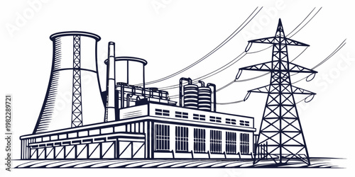 Large scale industrial power plant facility with transmission lines and cooling towers industrial electricity transmission infrastructure electric generation illustration