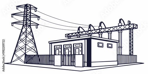 High voltage electrical substation and power transmission tower line drawing with substation electricity transmission electrical infrastructure industrial engineering