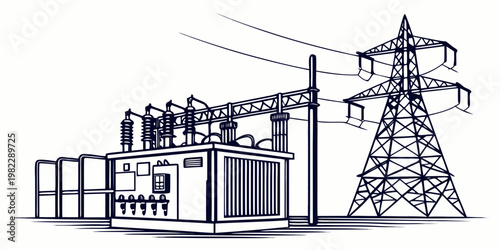 Electrical transmission tower and power substation equipment line art with substation electricity transmission electrical infrastructure industrial transformer distribution