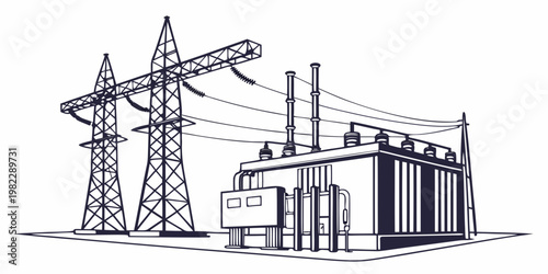 Electrical substation with power transmission towers and high voltage equipment drawing substation electrical transmission electricity transformer infrastructure electric
