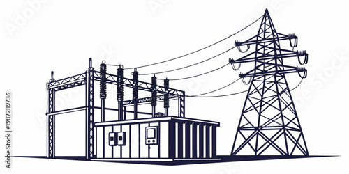 Industrial electrical power transmission substation and tower sketch with substation electricity transmission electrical infrastructure industrial transformer distribution