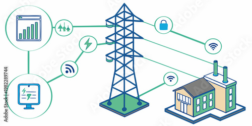 Smart power grid network infographic with transmission tower and factory electricity transmission technology industry automation distribution connection infographic