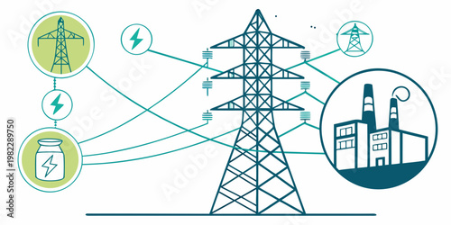 Industrial power grid infographic with electrical tower and factory icons electricity transmission electrical industry infrastructure distribution technology illustration