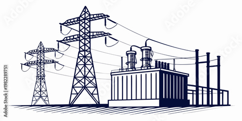 High voltage electrical substation and transmission line tower sketch with substation electricity transmission electrical infrastructure industrial distribution engineering