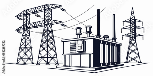 Electrical transformer substation with high voltage power transmission towers substation transformer electricity transmission electrical infrastructure industrial industry