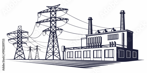 Industrial power plant with high voltage electricity transmission towers and power lines electricity transmission industrial electrical infrastructure generation engineering