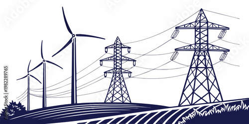 Wind turbines and high voltage electricity towers on a rolling farmland landscape with turbines electricity transmission renewable landscape farmland sustainable electrical