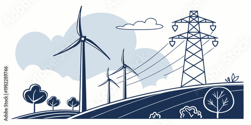 Wind power farm with electricity transmission towers in a rural landscape setting turbines transmission electricity renewable landscape sustainable environment electrical
