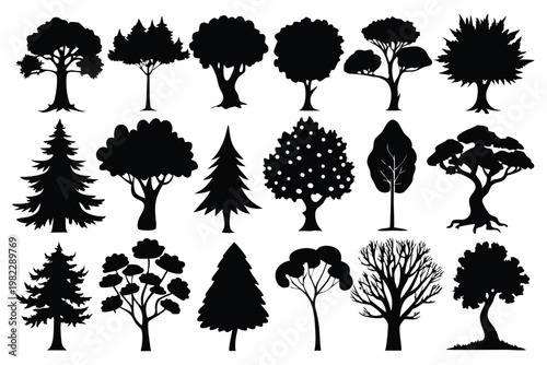 set different types of trees silhouette line art vector illustration with a white background