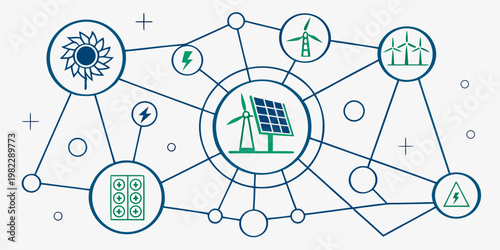 Renewable energy ecosystem network diagram with solar wind power battery storage connectivity renewable ecosystem connectivity electricity sustainable technology