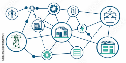 Digital network infographic showing energy distribution between power lines houses buildings green technology components with infographic connection electricity distribution