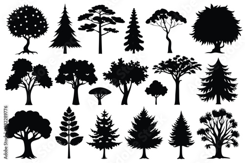 set different types of trees silhouette line art vector illustration with a white background