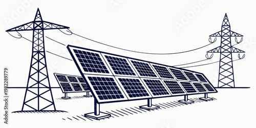 Solar farm layout with photovoltaic panels and high voltage power transmission pylons photovoltaic transmission electricity infrastructure renewable technology sustainable