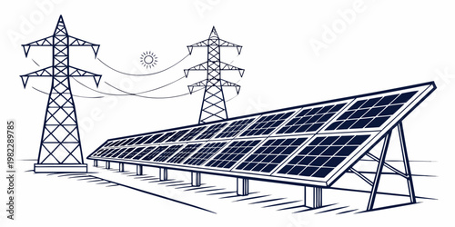 Solar panels field with high voltage electricity power lines transmission towers against sun electricity transmission sustainable renewable technology environment industrial