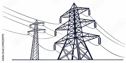 Black and white outline illustration of two high-voltage electricity transmission towers and overhead power lines on a clear background with electricity transmission infrastructu