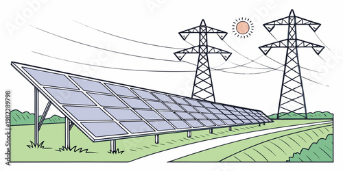 Solar power energy panels farm with transmission lines and sun in green landscape illustration transmission electricity renewable sustainable technology industrial landscape
