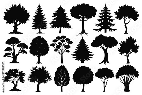 set different types of trees silhouette line art vector illustration with a white background