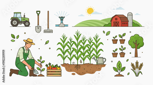 Cultivating the Earth's Bounty: A vibrant illustration depicts a farmer tending to the earth, surrounded by tools, crops, and elements of rural life.