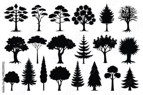 set different types of trees silhouette line art vector illustration with a white background