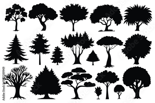 set different types of trees silhouette line art vector illustration with a white background