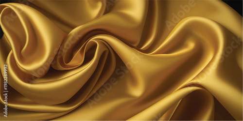 Luxurious golden silk fabric background with smooth satin waves and elegant shiny drapery texture for a decorative soft textile backdrop