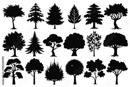 set different types of trees silhouette line art vector illustration with a white background