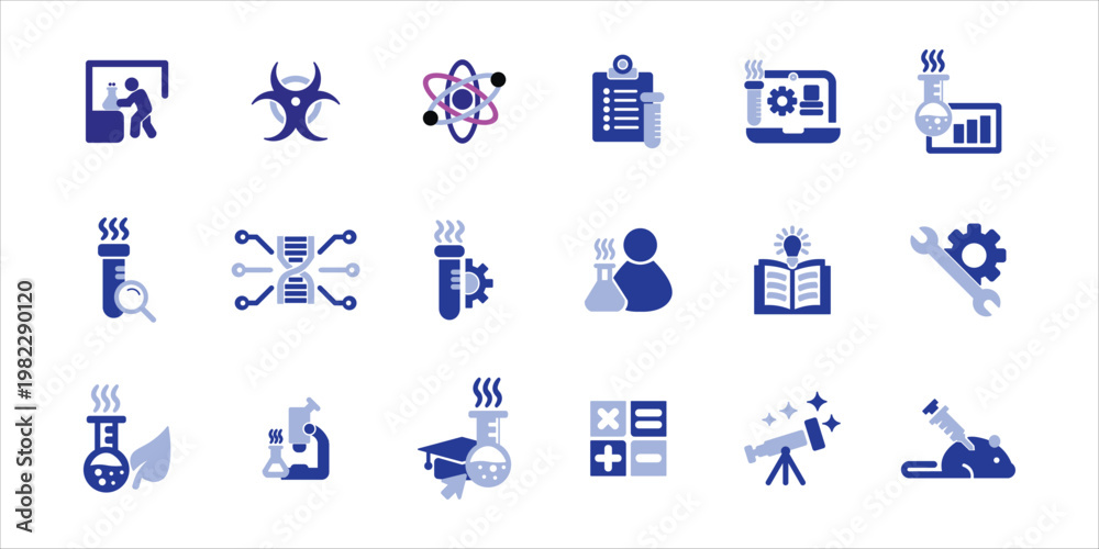 Fototapeta premium science icons set. biology, physics, biotechnology, scientist, astronomy, toxic and more. simple colored vector