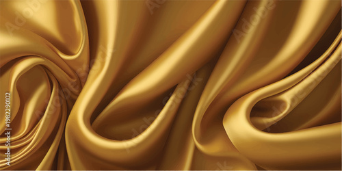 Luxurious golden silk fabric background with smooth flowing satin waves and shiny liquid curves creating a soft textile texture design