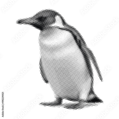 Minimalist Halftone Penguin Vector Illustration, Black and White Dotted Antarctic Bird Silhouette