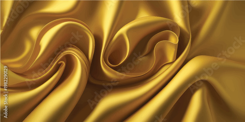 Golden silk fabric creates a luxurious liquid gold texture with flowing waves of metal color and a design pattern perfect for a wallpaper backdrop art illustration