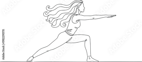 Continuous line drawing of a woman practicing yoga in warrior pose with long flowing hair for wellness fitness and mindfulness concept vector.