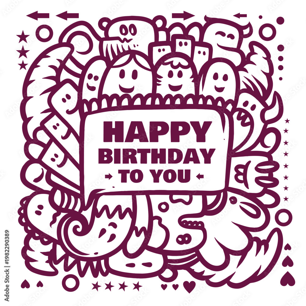 Obraz premium Happy Birthday Doodle Typography Vector Design