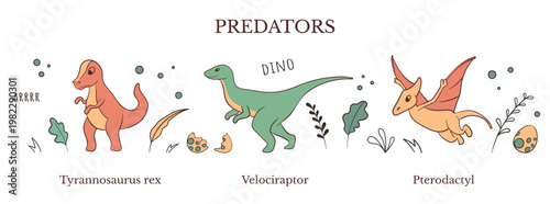 Cartoon dinosaur predators set in doodle style. Vector illustration of Tyrannosaurus rex, Velociraptor and Pterodactyl with decorative elements, isolated on white for kids education, books and design.