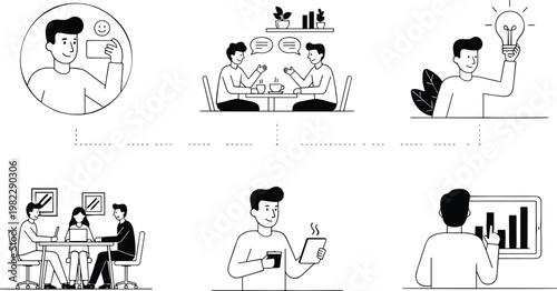 Set of professional man characters in various daily work life scenarios including brainstorming meeting data analysis and social networking in minimalist line art vector.
