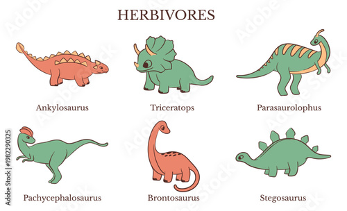 Cartoon herbivore dinosaurs set. Vector illustration of Ankylosaurus, Triceratops, Parasaurolophus, Pachycephalosaurus, Brontosaurus and Stegosaurus, isolated on white background for kids design.