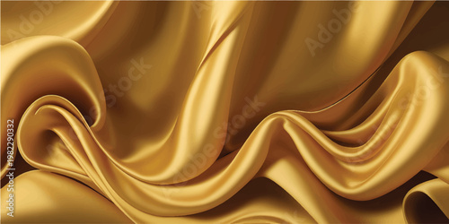 A flowing abstract golden background features a smooth liquid wave texture with soft silk swirls and elegant satin curves for a luxury textile design