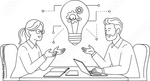 Two professional business colleagues or creative designers brainstorming a new idea with a large lightbulb symbol for innovation and teamwork line art vector.