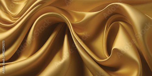 Luxurious golden silk and satin fabric background featuring a smooth shiny texture with elegant soft waves and drapery curves for a decorative textile backdrop