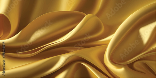 Luxurious golden silk fabric background featuring a smooth satin texture with soft flowing waves and a shiny liquid curve design for a decorative textile backdrop