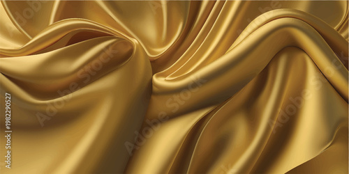 Luxury golden silk fabric with a smooth satin texture features elegant waves and a shiny yellow pattern, creating a soft draped backdrop for fashion design and decoration