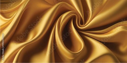 A luxurious gold silk fabric texture with soft flowing waves and a smooth shiny satin drapery design creates a golden decorative backdrop