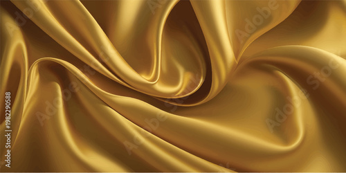 Luxurious golden silk fabric features a smooth satin texture with elegant soft waves and shiny curves creating a decorative yellow textile backdrop