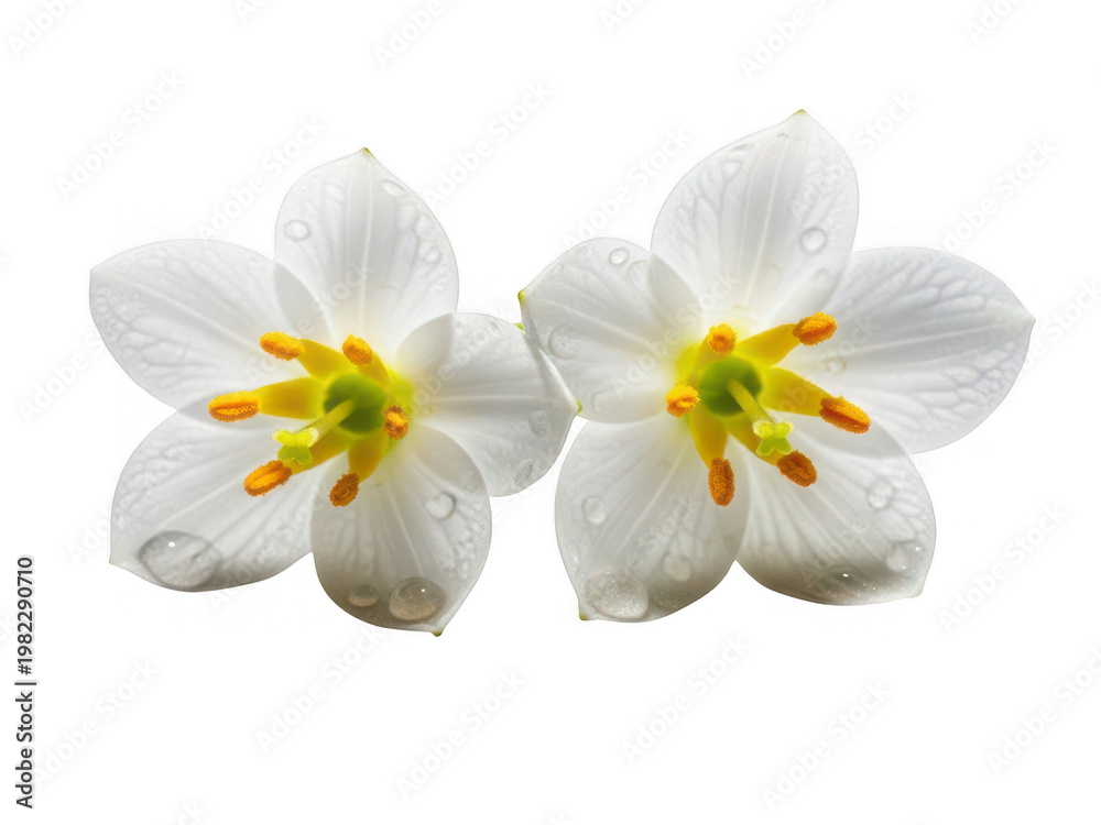 Obraz premium White spring flowers with water drops, fresh blooming jasmine blossoms on white background, delicate floral petals with dew droplets, botanical PNG
