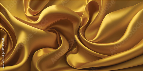 Golden silk fabric liquid texture. Realistic vector background of satin glossy cloth with abstract waves and ripples. Luxury soft smooth gold colored drapery with folds. Elegant material with wrinkles
