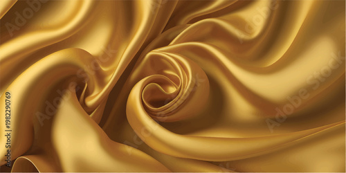 Golden silk fabric liquid texture. Realistic vector background of satin glossy cloth with abstract waves and ripples. Luxury soft smooth gold colored drapery with folds. Elegant material with wrinkles
