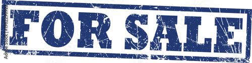 Distressed blue rubber stamp impression with the text for sale in a rectangular border
