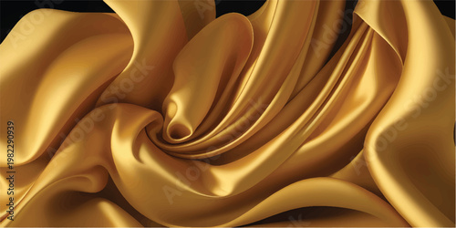 Golden silk fabric background. Vector realistic illustration of yellow satin cloth with smooth shiny texture, luxury soft textile material with wavy surface, curtain with abstract folds, liquid paint