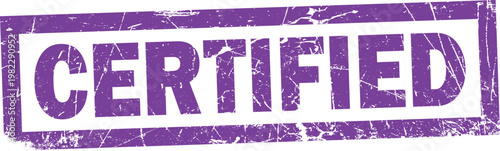 Purple certified rubber stamp impression with distressed grunge texture and rectangular border
