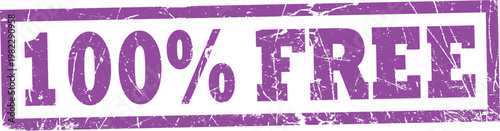 Purple rectangular rubber stamp impression with the text 100% free in distressed grunge style