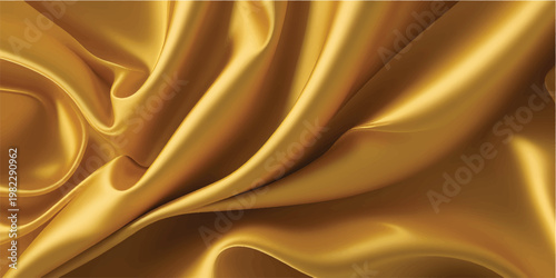 Golden silk fabric background. Vector realistic illustration of yellow satin cloth with smooth shiny texture, luxury soft textile material with wavy surface, curtain with abstract folds, liquid paint